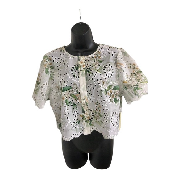 White crochet eyelet style green floral button down blouse top size Large new - Picture 14 of 15